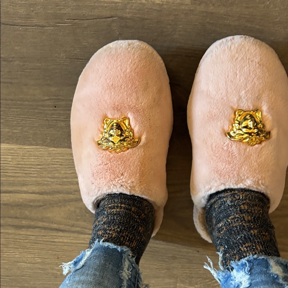 Pink Plush Slippers with Gold Emblem